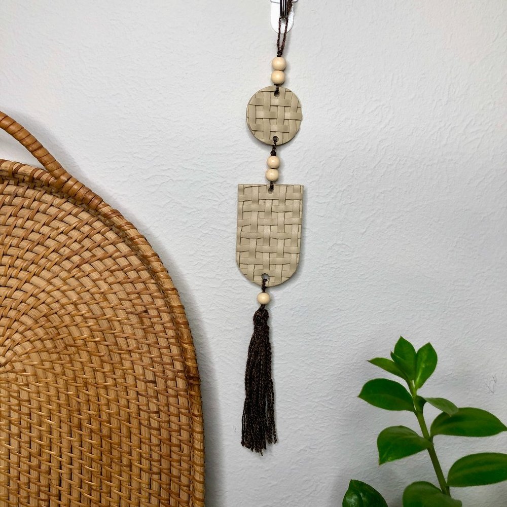 Hand Crafted Tan Clay Basket Weave wall art hanging with Brown Tassel and beads
